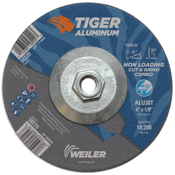 Weiler 6 x 1/8 TIGER ALUMINUM Type 27 Cut/Grind Combo Wheel ALU30T 5/8-11 Nut 58220